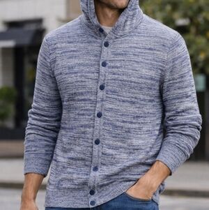 H&M Men’s XL Hooded Cardigan Sweater Blue Marled Button Up Cotton Blend NEW